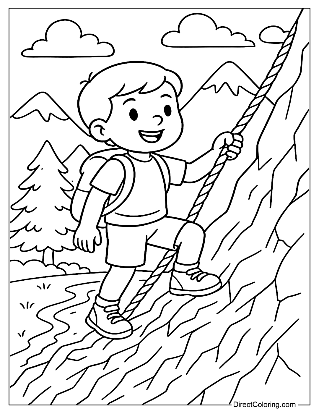 A coloring page of a boy climbing a rock with a rope, with a high mountain range and drifting clouds in the background.